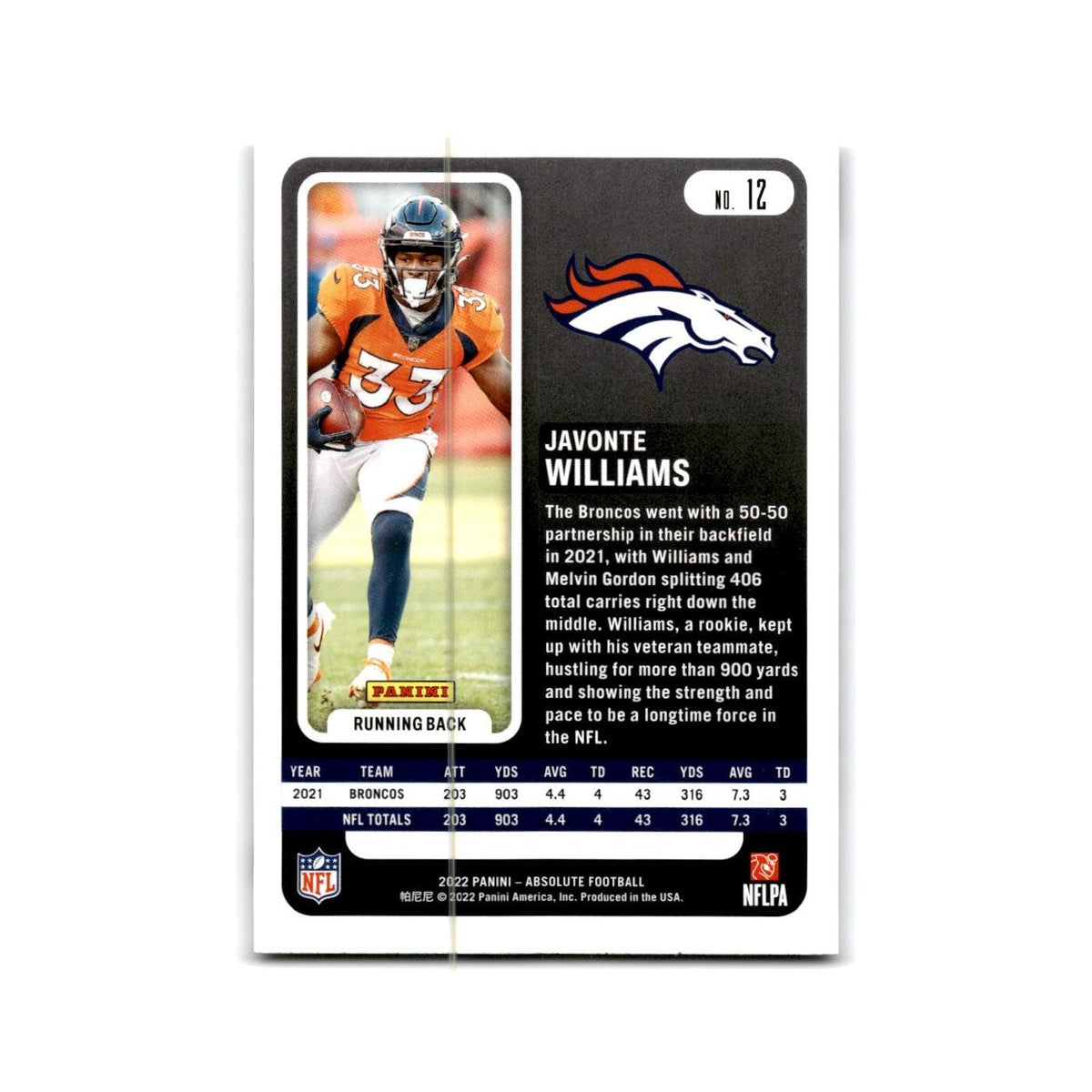 Javonte Williams 2022 Panini Absolute #12 Denver Broncos Football Card NM