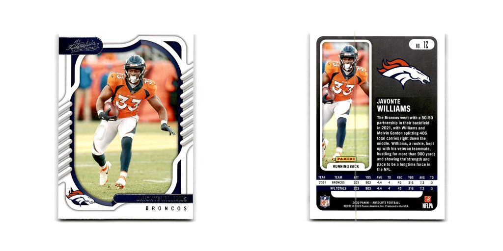 Javonte Williams 2022 Panini Absolute #12 Denver Broncos Football Card NM