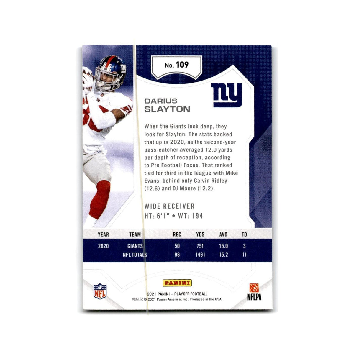 Darius Slayton 2021 Panini Playoff #109 New York Giants Football Card NM