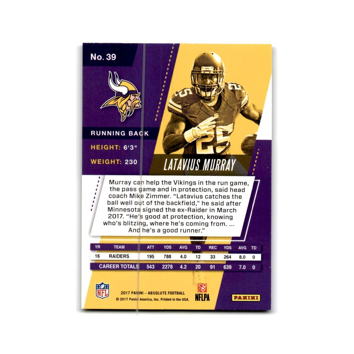 Latavius Murray 2017 Panini Absolute #39 Minnesota Vikings Football Card NM