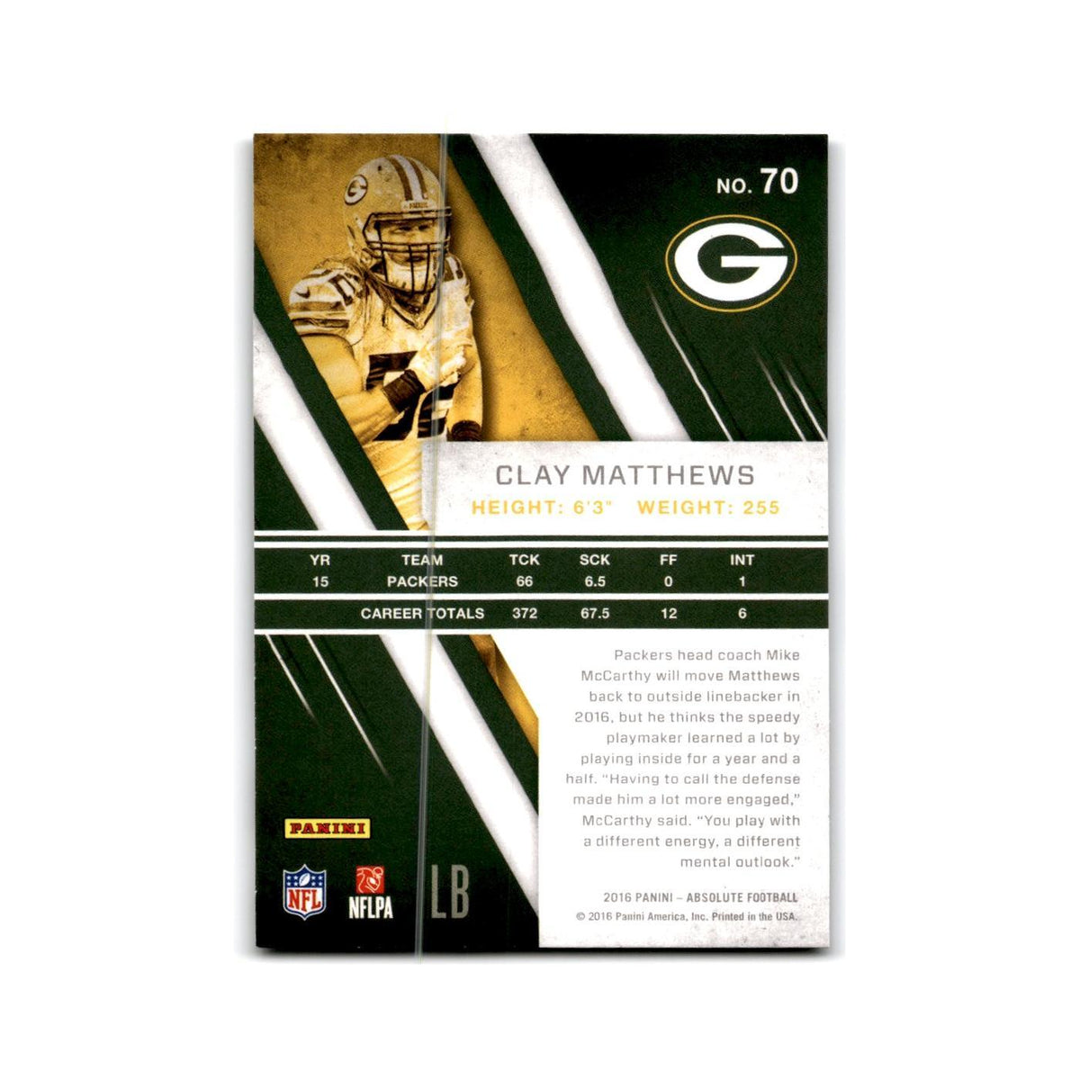 Clay Matthews 2016 Panini Absolute #70 Green Bay Packers Football Card NM