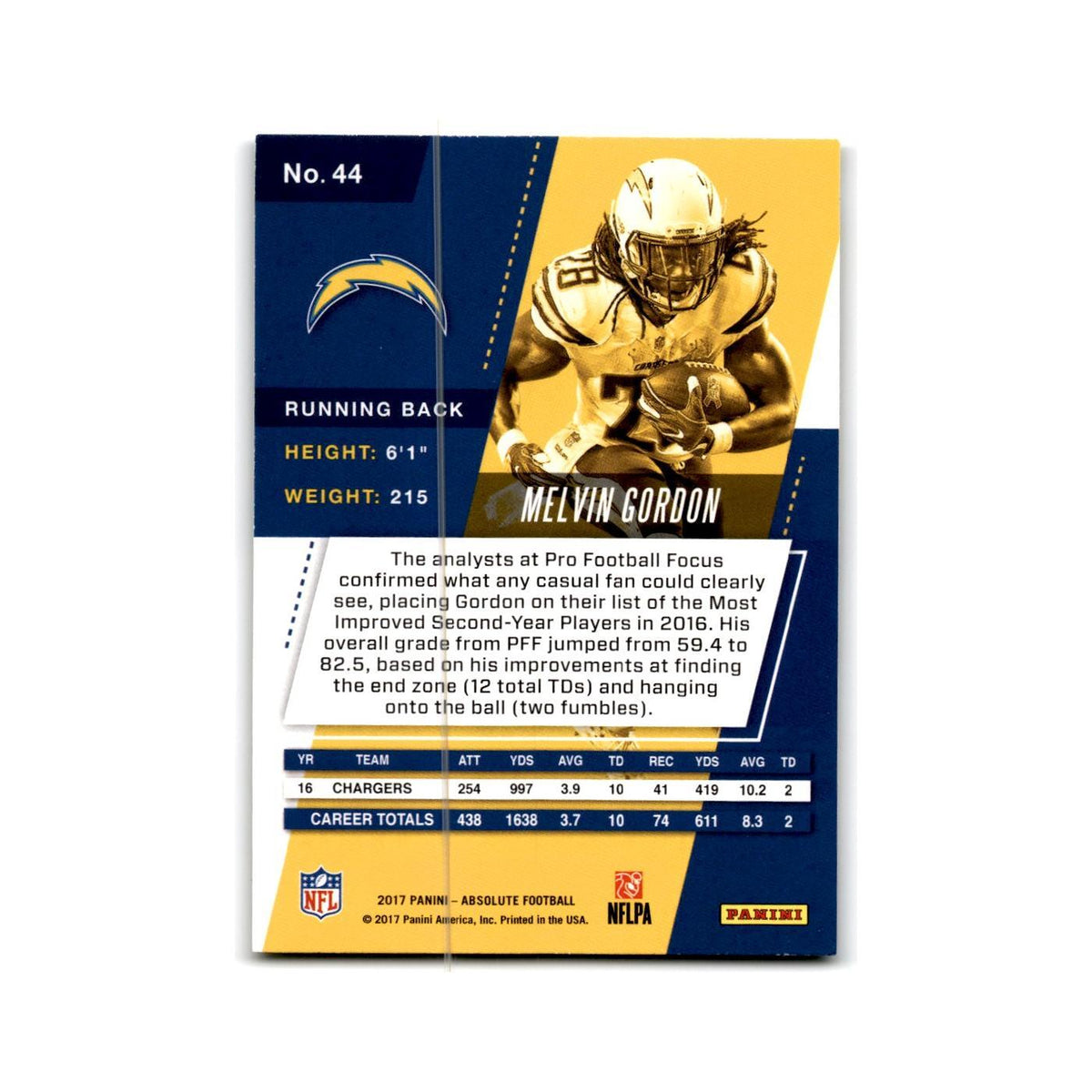Melvin Gordon 2017 Panini Absolute #44 Los Angeles Chargers Football Card NM