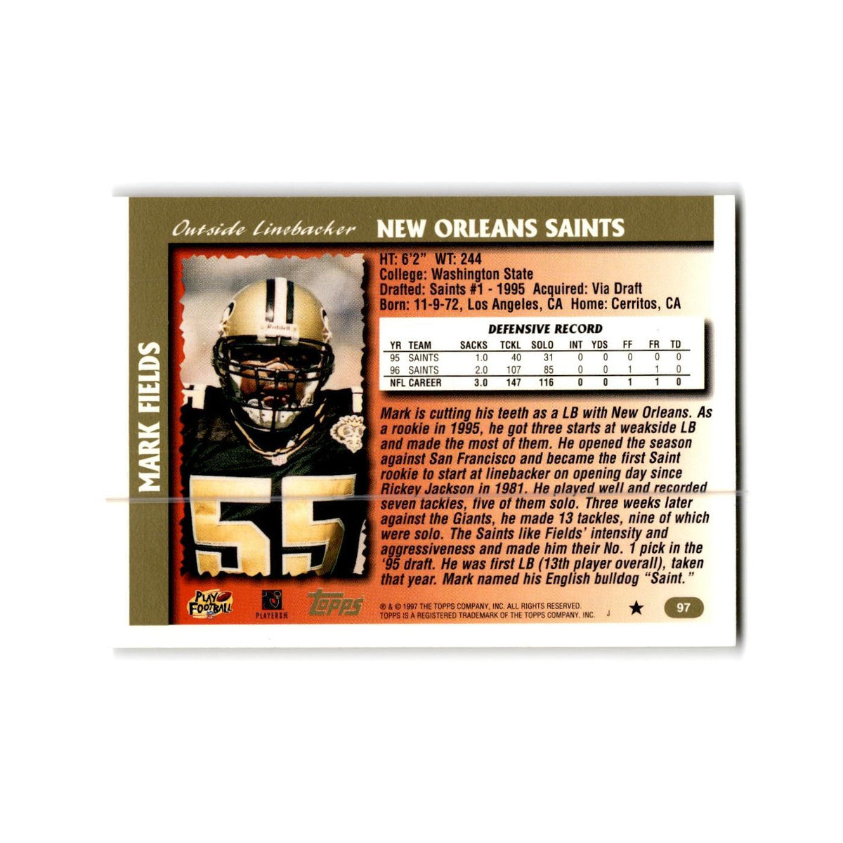 Mark Fields 1997 Topps #97 New Orleans Saints Football Card NM