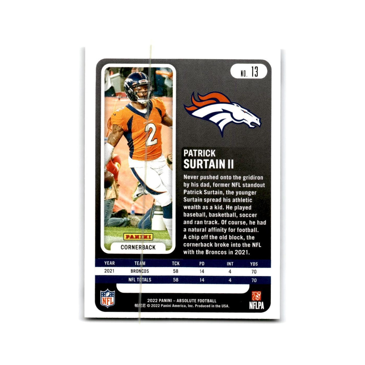 Patrick Surtain II 2022 Panini Absolute #13 Denver Broncos Football Card NM