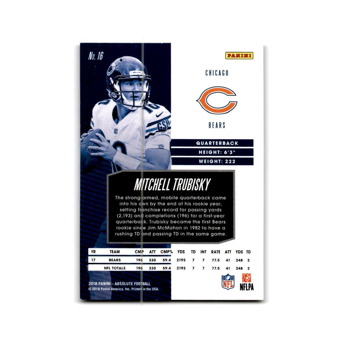 Mitchell Trubisky 2018 Panini Absolute #16 Chicago Bears Football Card NM