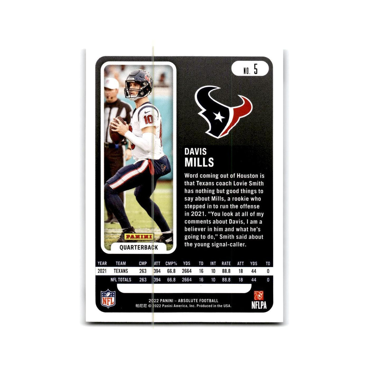 Davis Mills 2022 Panini Absolute #5 Houston Texans Football Card NM