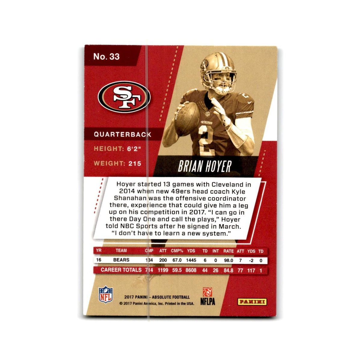 Brian Hoyer 2017 Panini Absolute #33 San Francisco 49ers Football Card NM