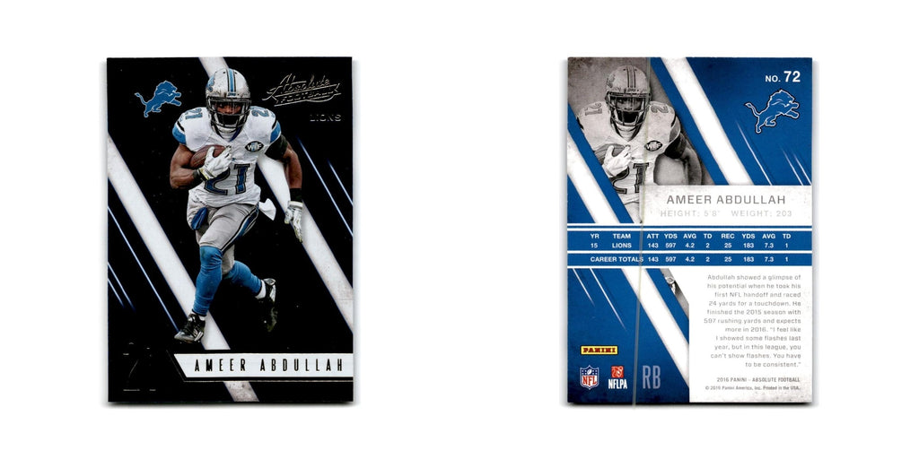 Ameer Abdullah 2016 Panini Absolute #72 Detroit Lions Football Card NM