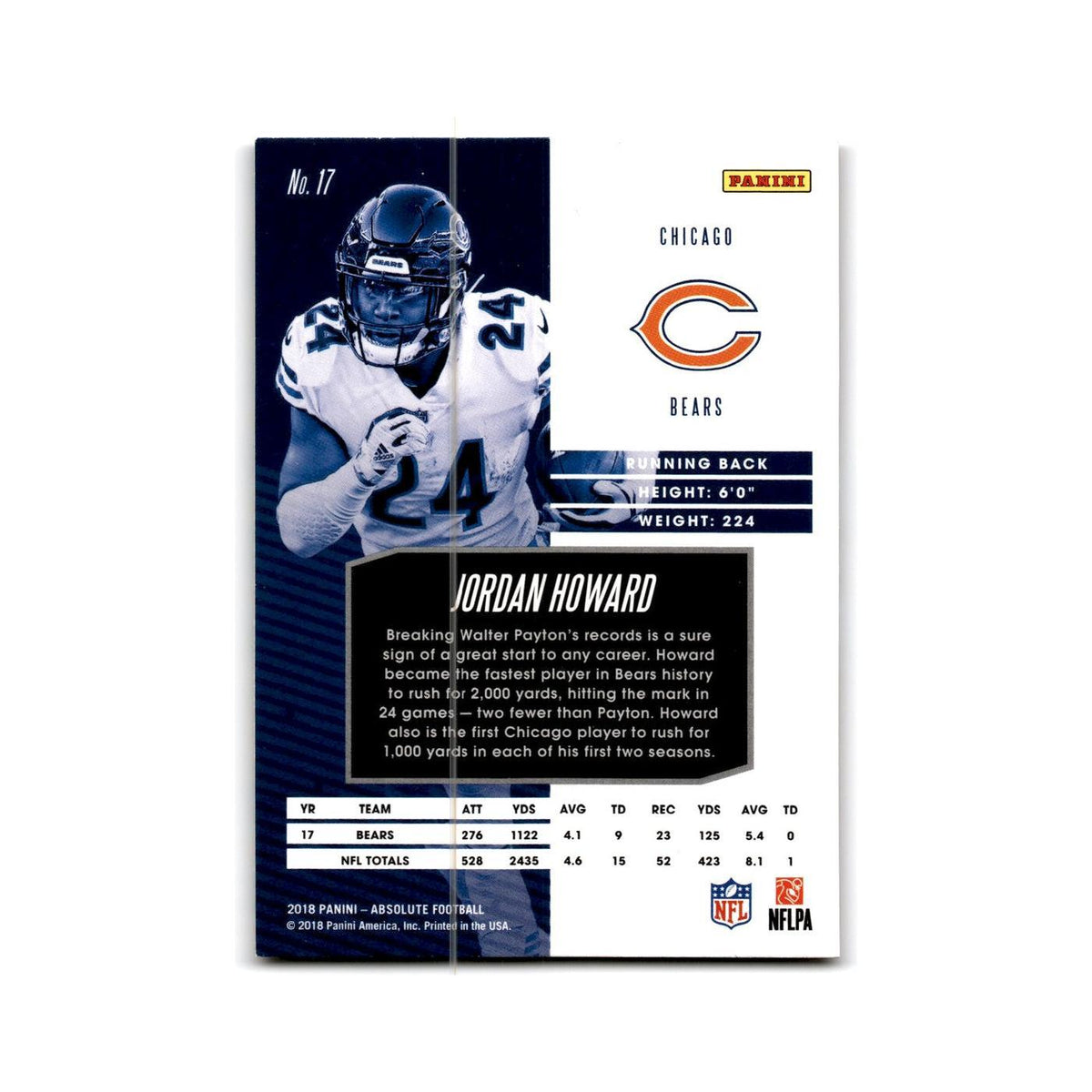 Jordan Howard 2018 Panini Absolute #17 Chicago Bears Football Card NM