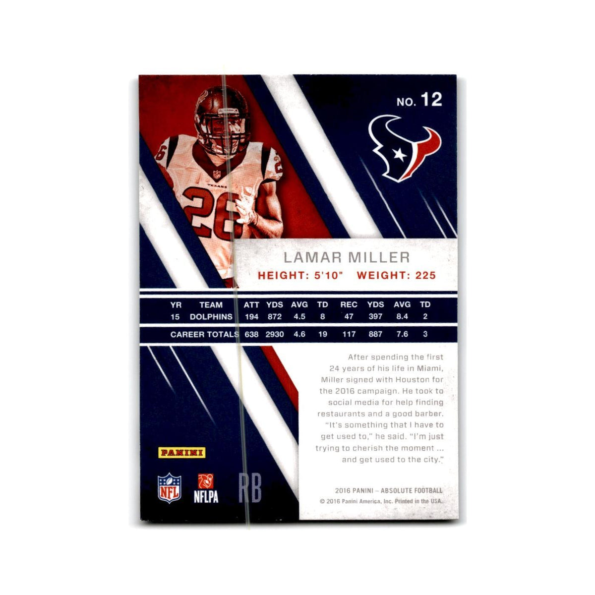 Lamar Miller 2016 Panini Absolute #12 Houston Texans Football Card NM
