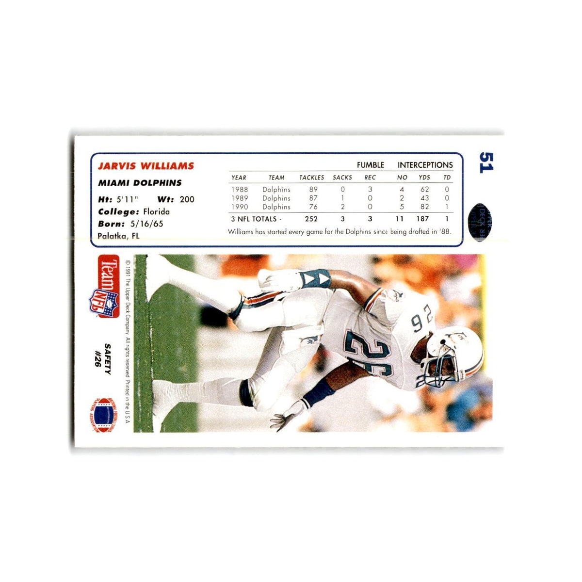 Jarvis Williams 1991 Upper Deck #51 Miami Dolphins Football Card NM