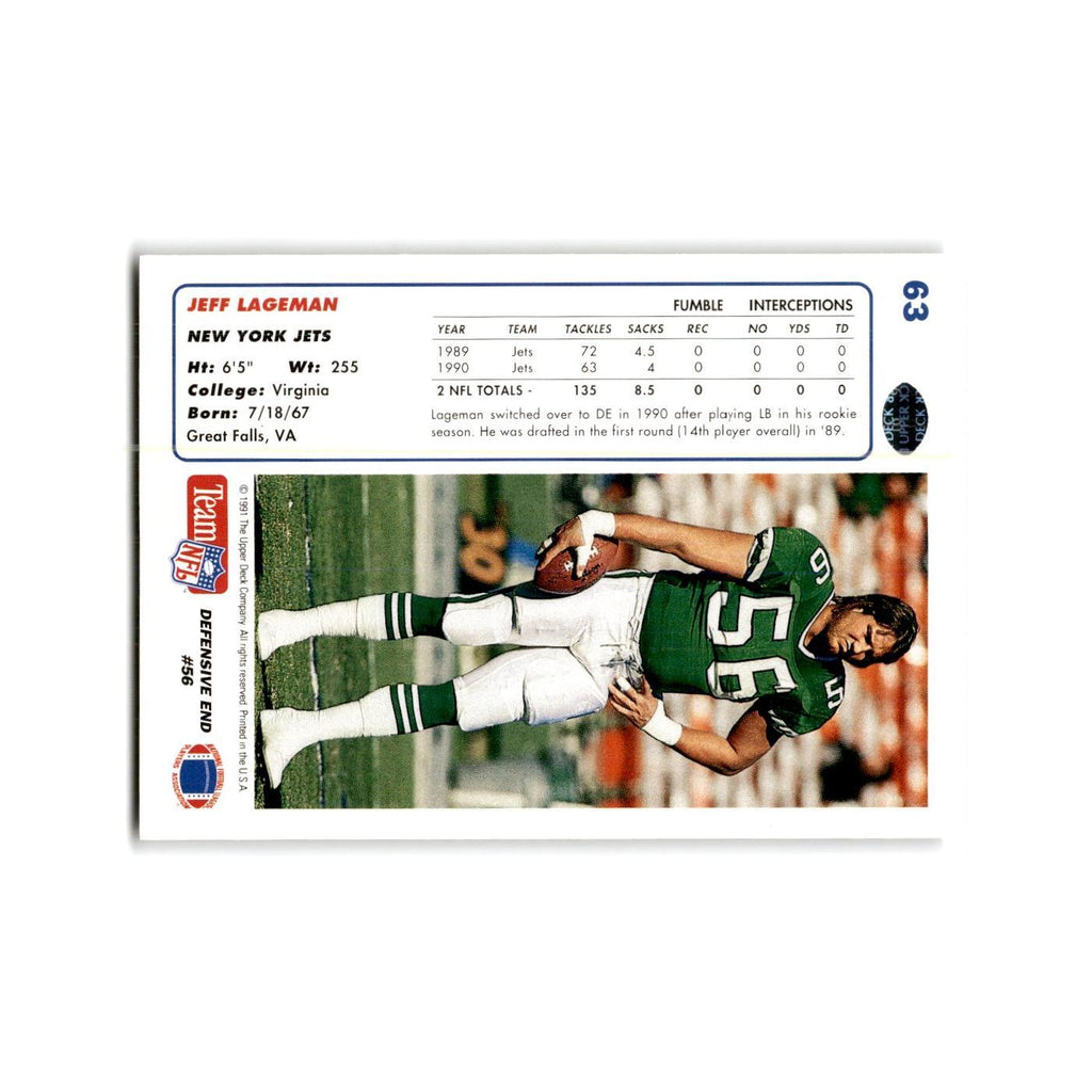 Jeff Lageman 1991 Upper Deck #63 New York Jets Football Card NM
