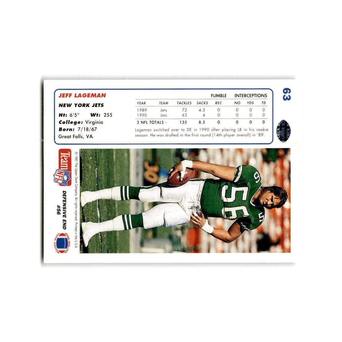 Jeff Lageman 1991 Upper Deck #63 New York Jets Football Card NM