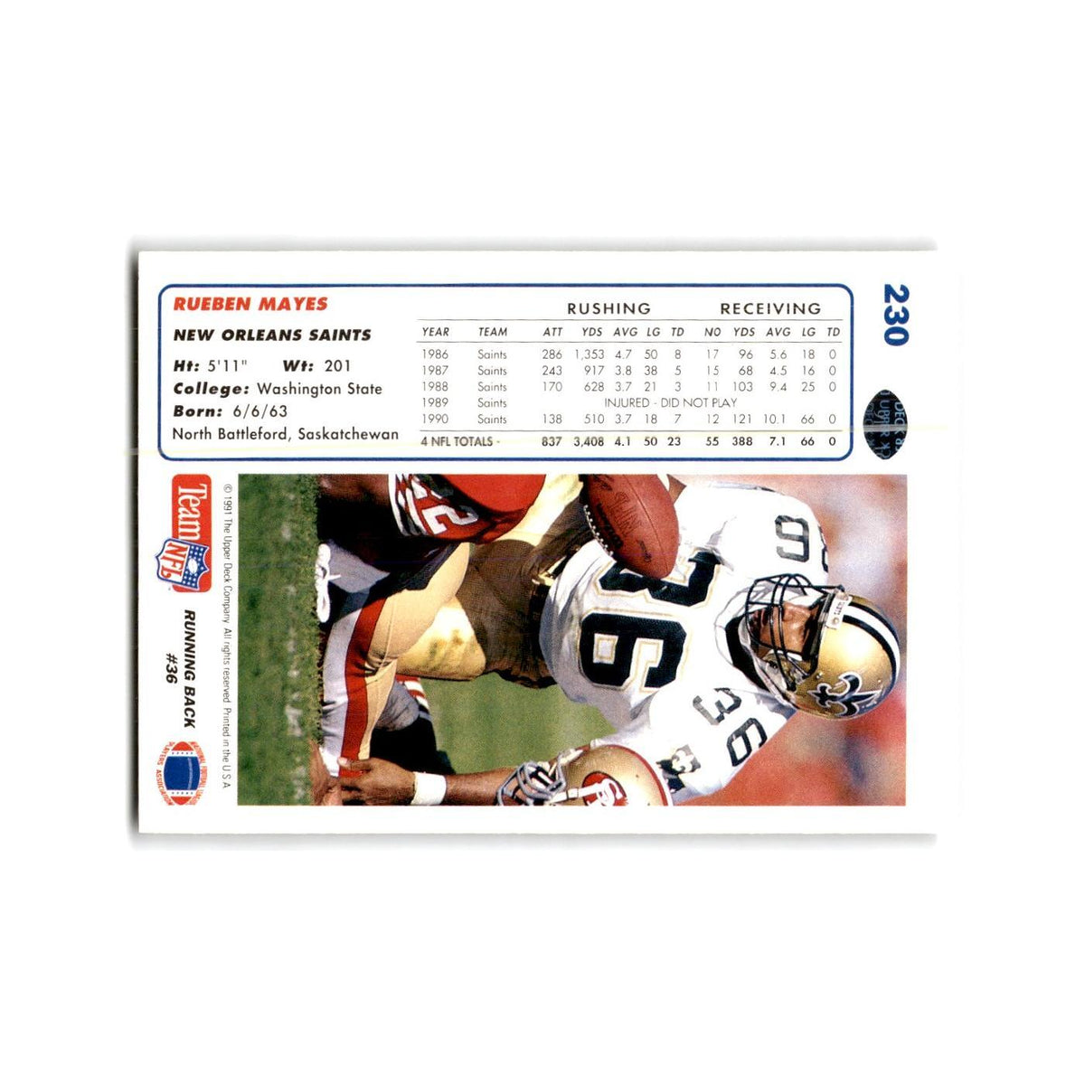 Rueben Mayes 1991 Upper Deck #230 New Orleans Saints Football Card NM