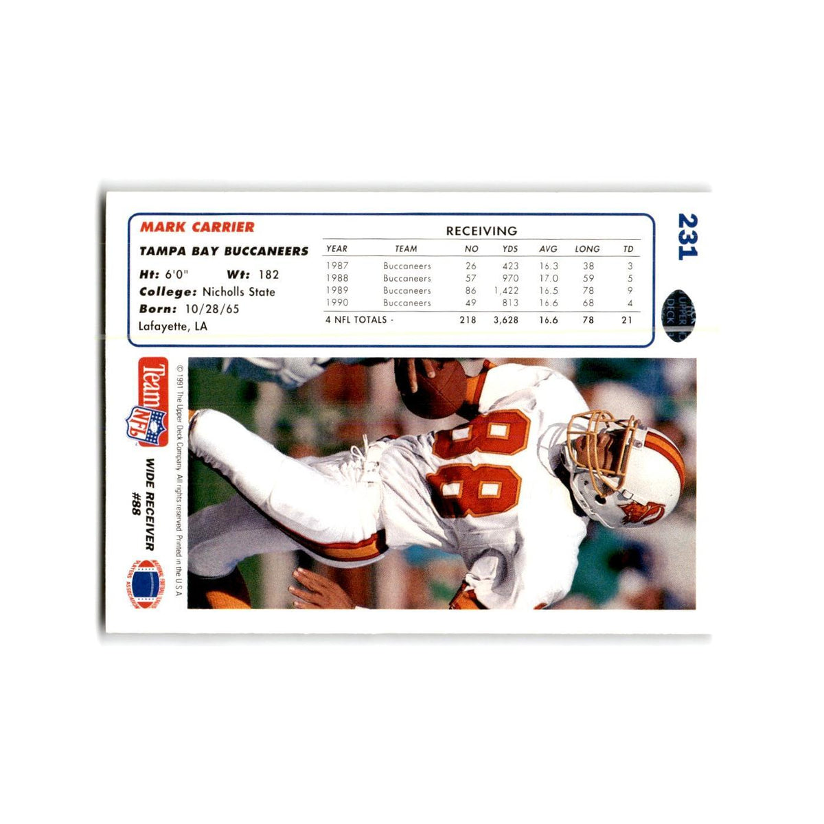 Mark Carrier 1991 Upper Deck #231 Tampa Bay Buccaneers Football Card NM