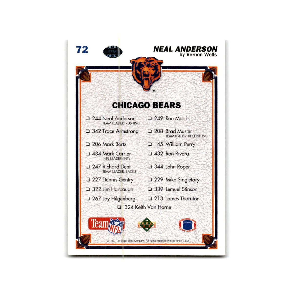 Neal Anderson 1991 Upper Deck #72 Chicago Bears Football Card NM