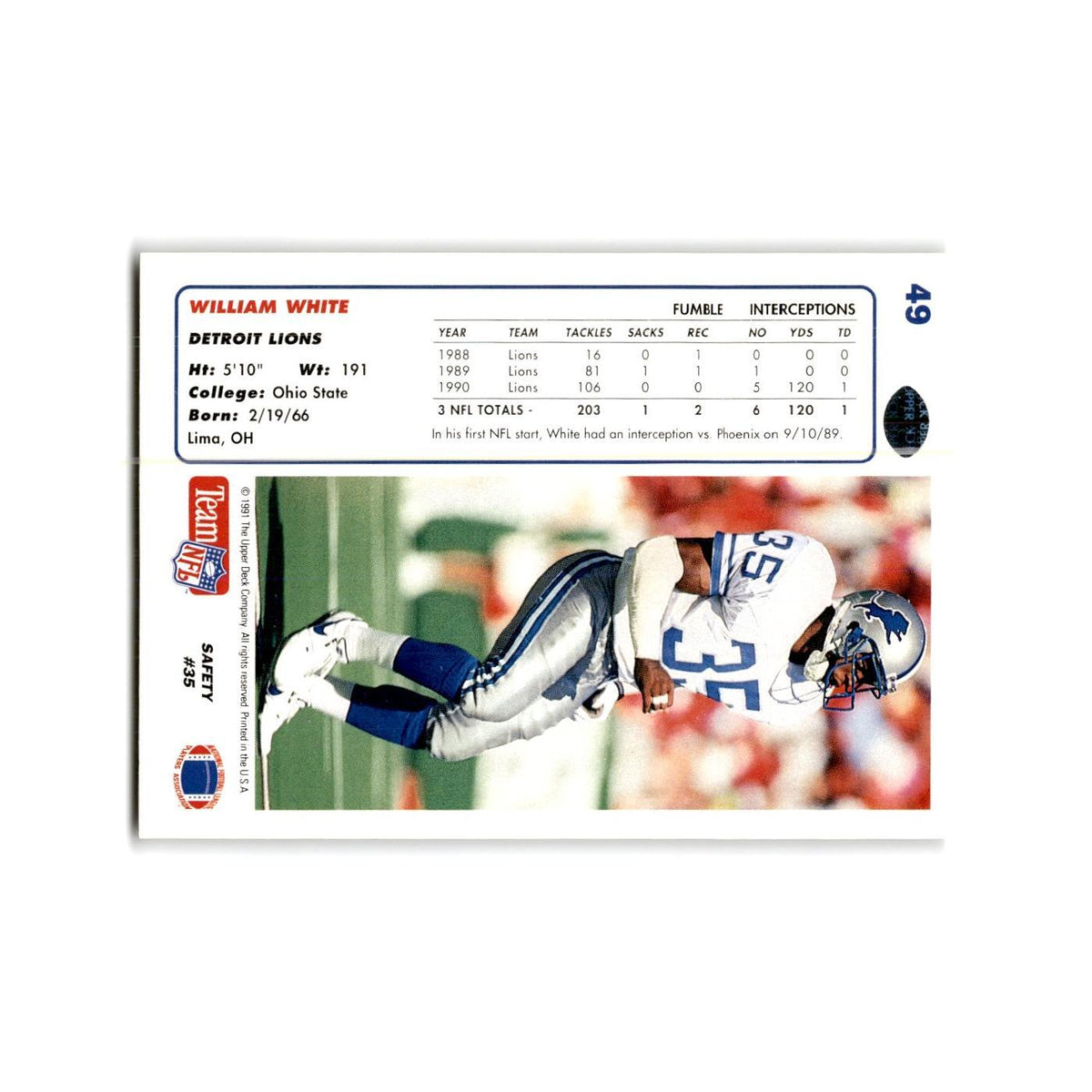 William White 1991 Upper Deck #49 Detroit Lions Football Card NM