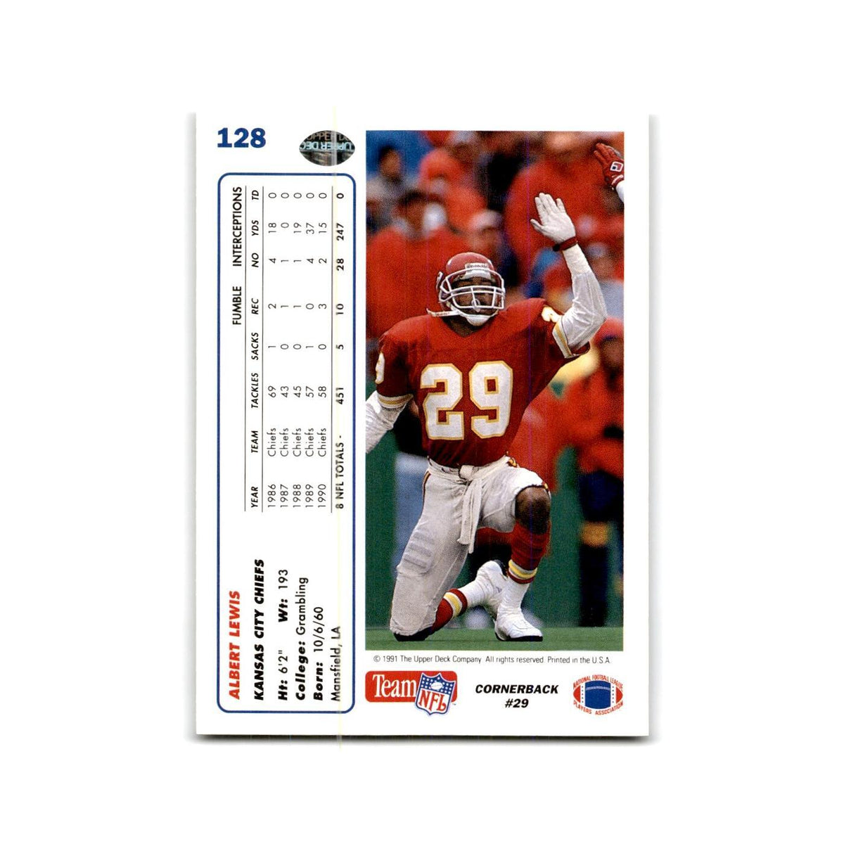 Albert Lewis 1991 Upper Deck #128 Kansas City Chiefs Football Card NM