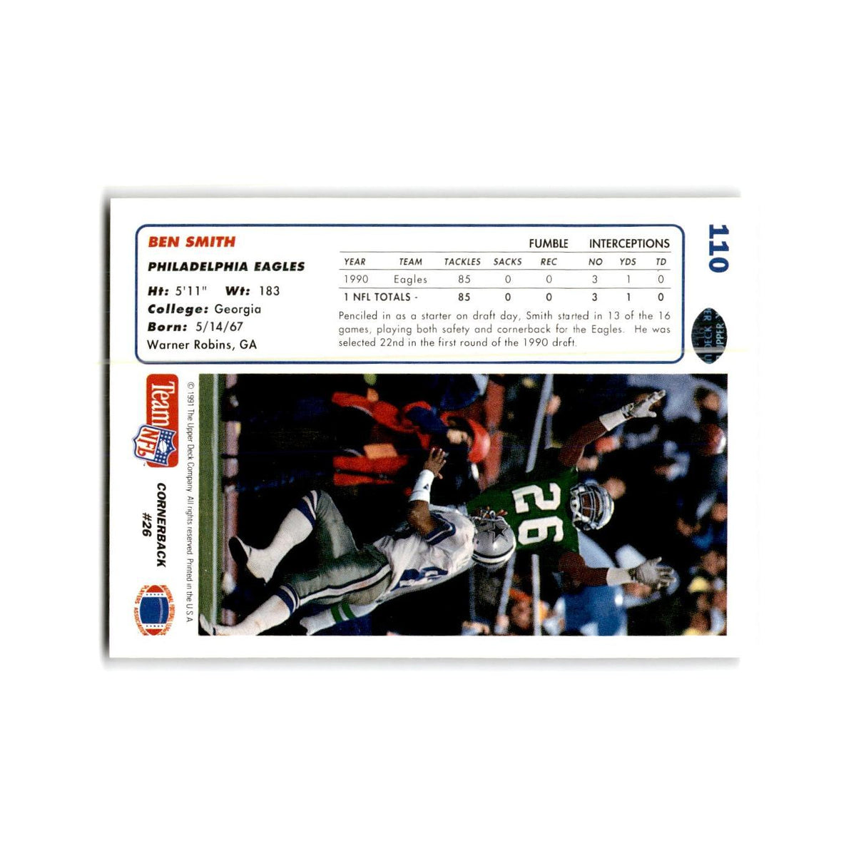 Ben Smith 1991 Upper Deck #110 Philadelphia Eagles Football Card NM