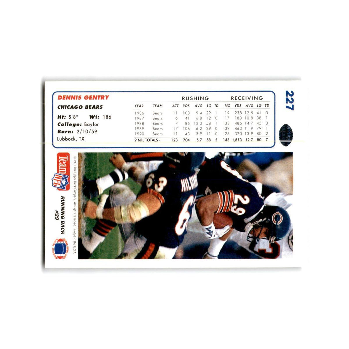 Dennis Gentry 1991 Upper Deck #227 Chicago Bears Football Card NM