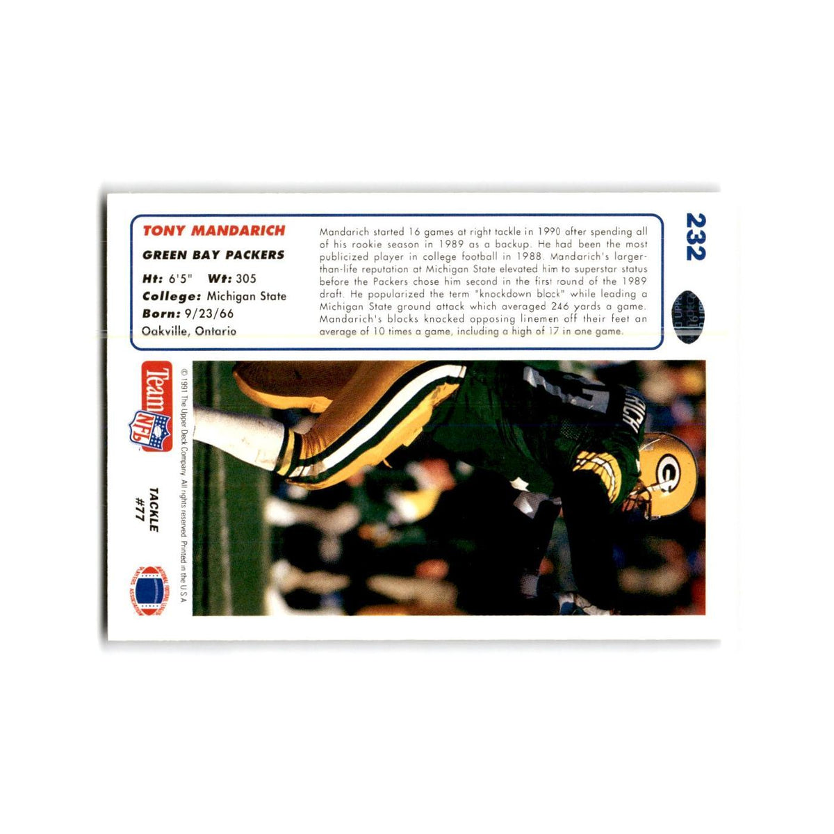 Tony Mandarich 1991 Upper Deck #232 Green Bay Packers Football Card NM