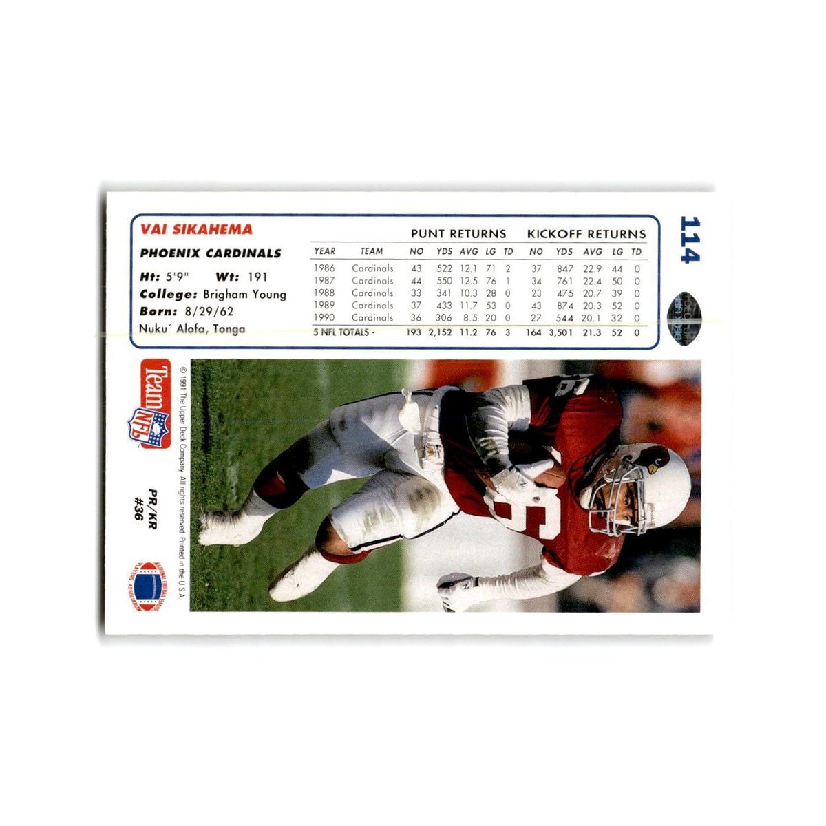 Vai Sikahema 1991 Upper Deck #114 Phoenix Cardinals Football Card NM
