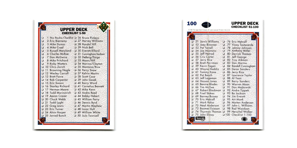 Checklist 1991 Upper Deck #100 Football Card NM