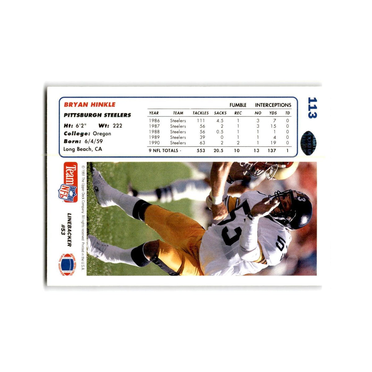 Bryan Hinkle 1991 Upper Deck #113 Pittsburgh Steelers Football Card NM
