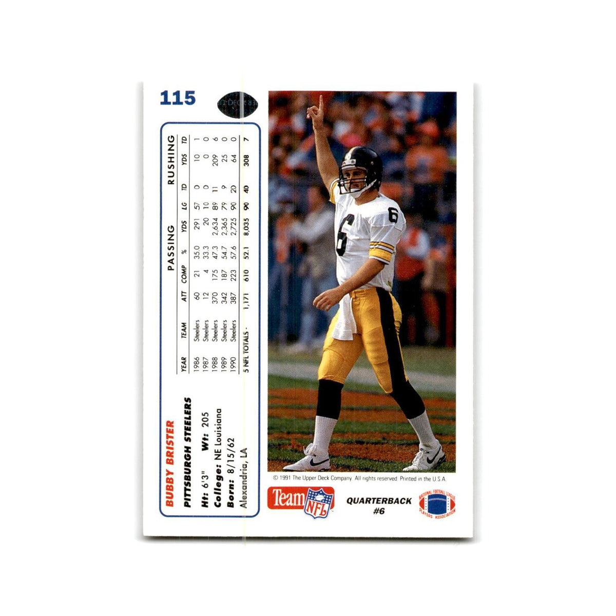 Bubby Brister 1991 Upper Deck #115 Pittsburgh Steelers Football Card NM