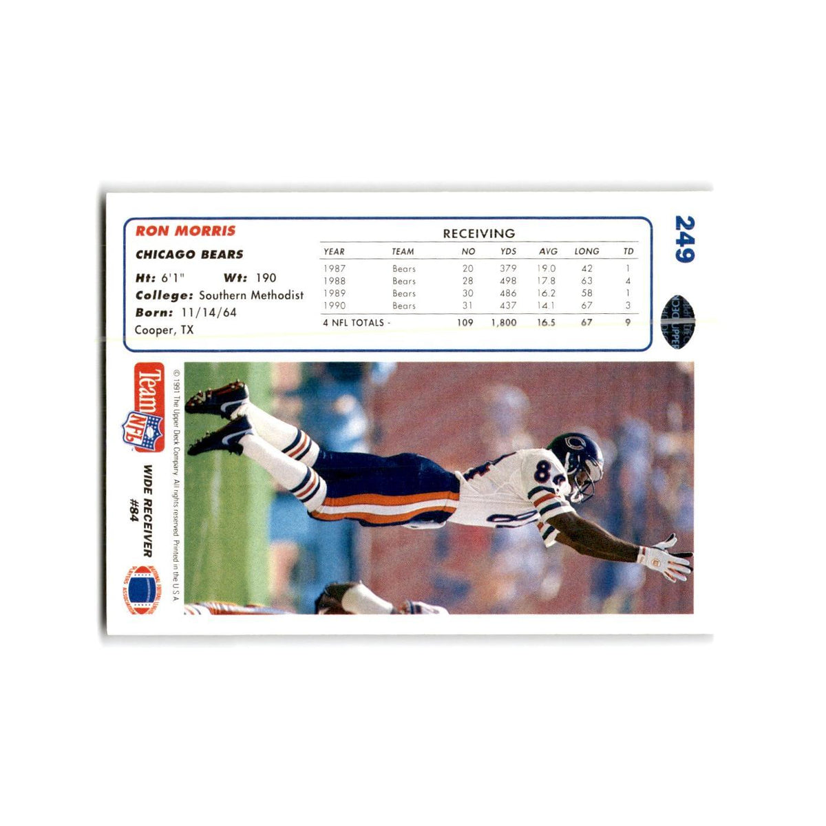 Ron Morris 1991 Upper Deck #249 Chicago Bears Football Card NM