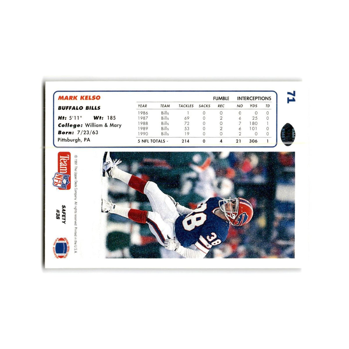 Mark Kelso 1991 Upper Deck #71 Buffalo Bills Football Card NM