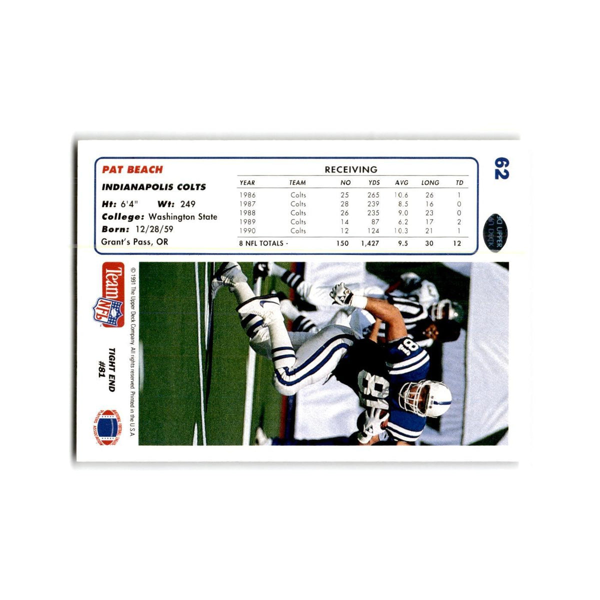 Pat Beach 1991 Upper Deck #62 Indianapolis Colts Football Card NM
