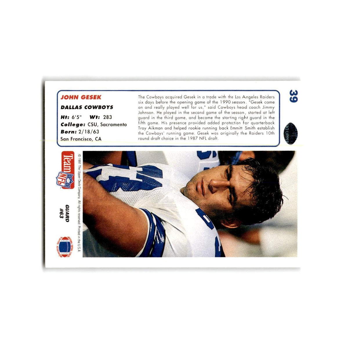 John Gesek 1991 Upper Deck #39 Dallas Cowboys Football Card NM