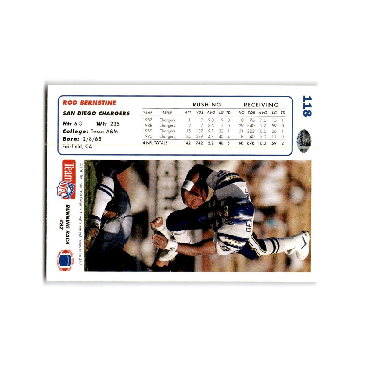 Rod Bernstine 1991 Upper Deck #118 San Diego Chargers Football Card NM