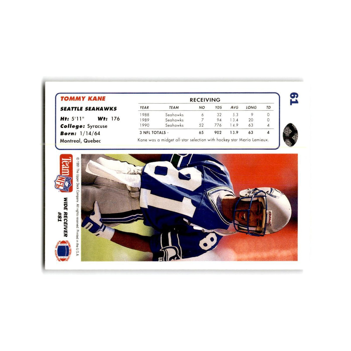 Tommy Kane 1991 Upper Deck #61 Seattle Seahawks Football Card NM