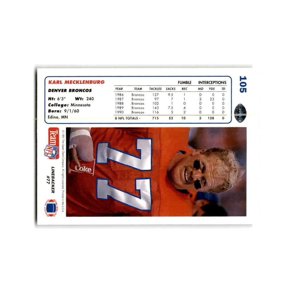 Karl Mecklenburg 1991 Upper Deck #105 Denver Broncos Football Card NM