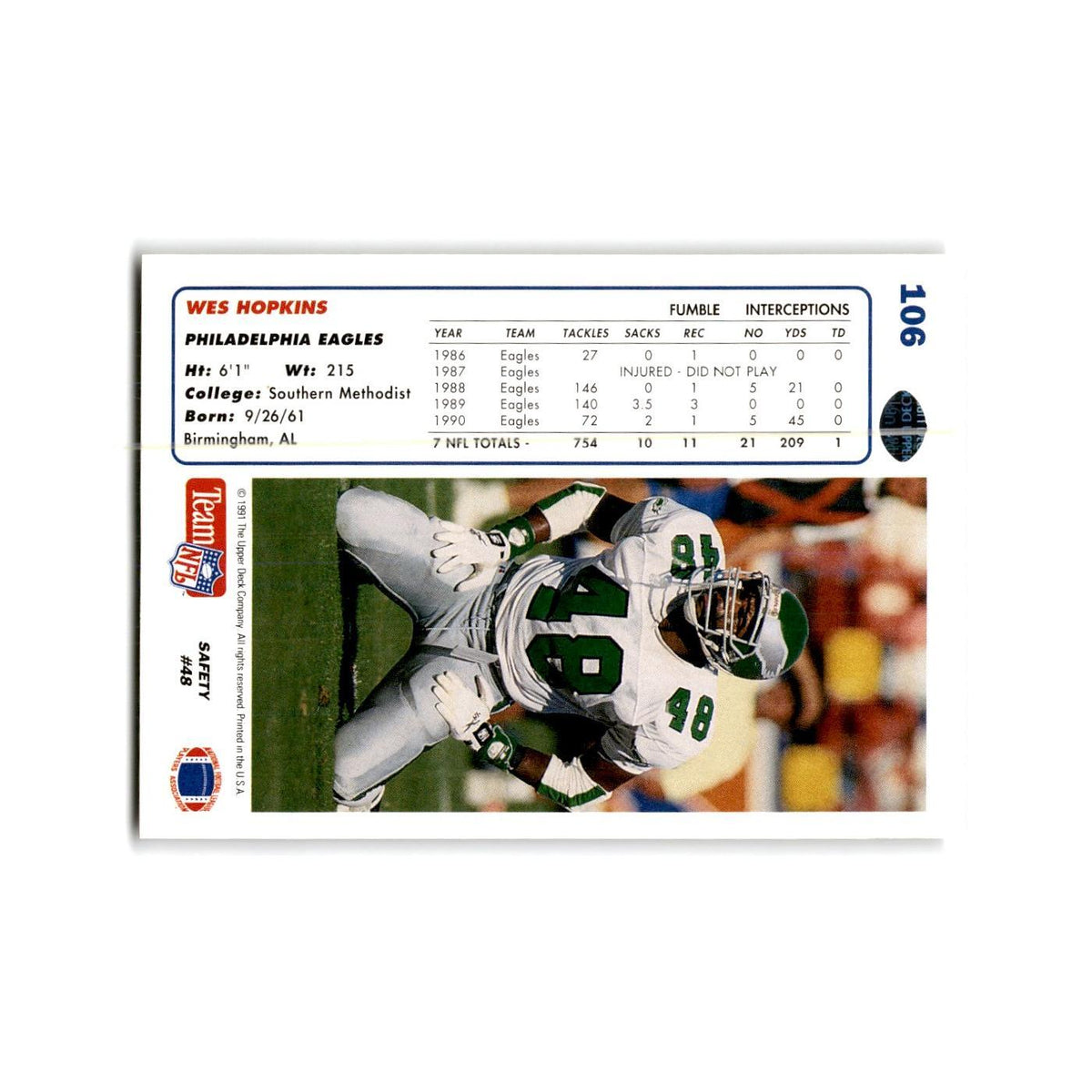 Wes Hopkins 1991 Upper Deck #106 Philadelphia Eagles Football Card NM