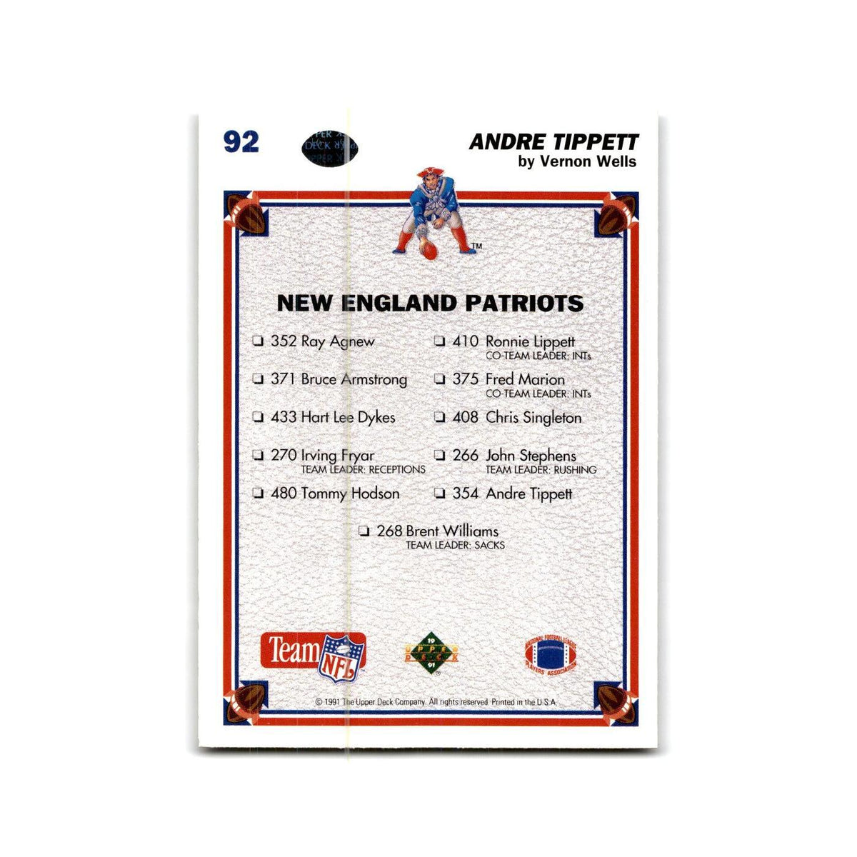 Andre Tippett 1991 Upper Deck #92 New England Patriots Football Card NM