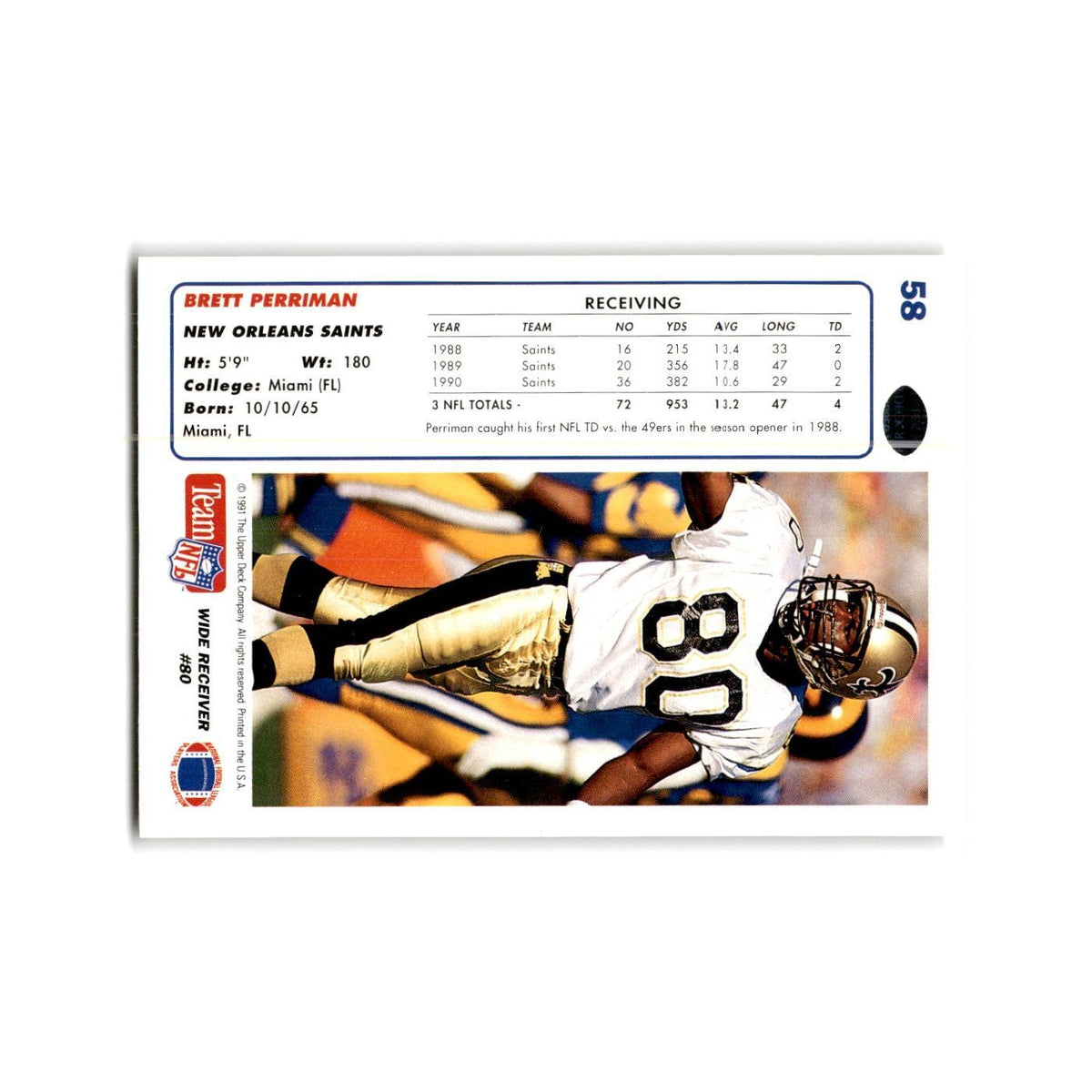 Brett Perriman 1991 Upper Deck #58 New Orleans Saints Football Card NM