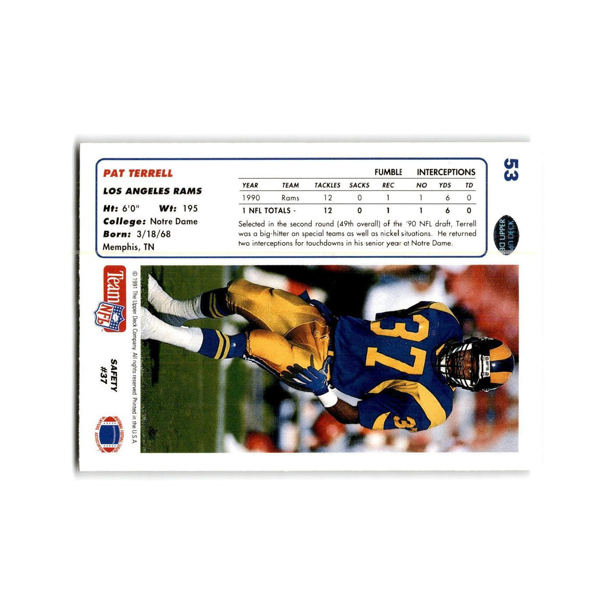 Pat Terrell 1991 Upper Deck #53 Los Angeles Rams Football Card NM