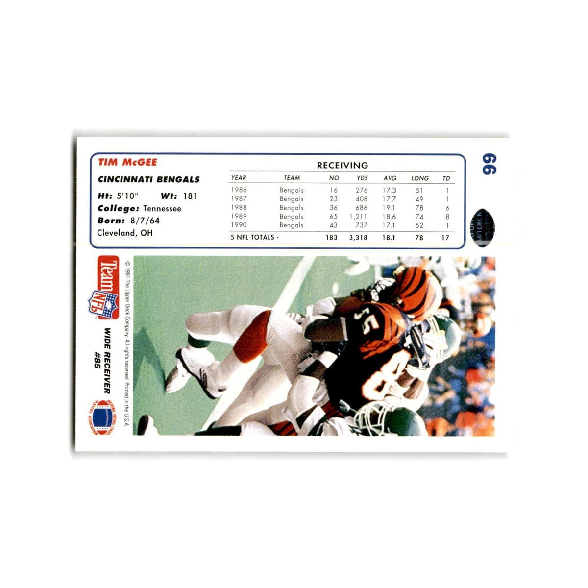 Tim McGee 1991 Upper Deck #66 Cincinnati Bengals Football Card NM