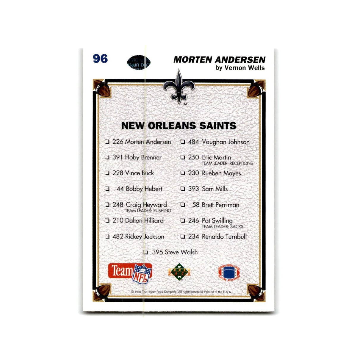 Morten Andersen 1991 Upper Deck #96 New Orleans Saints Football Card NM