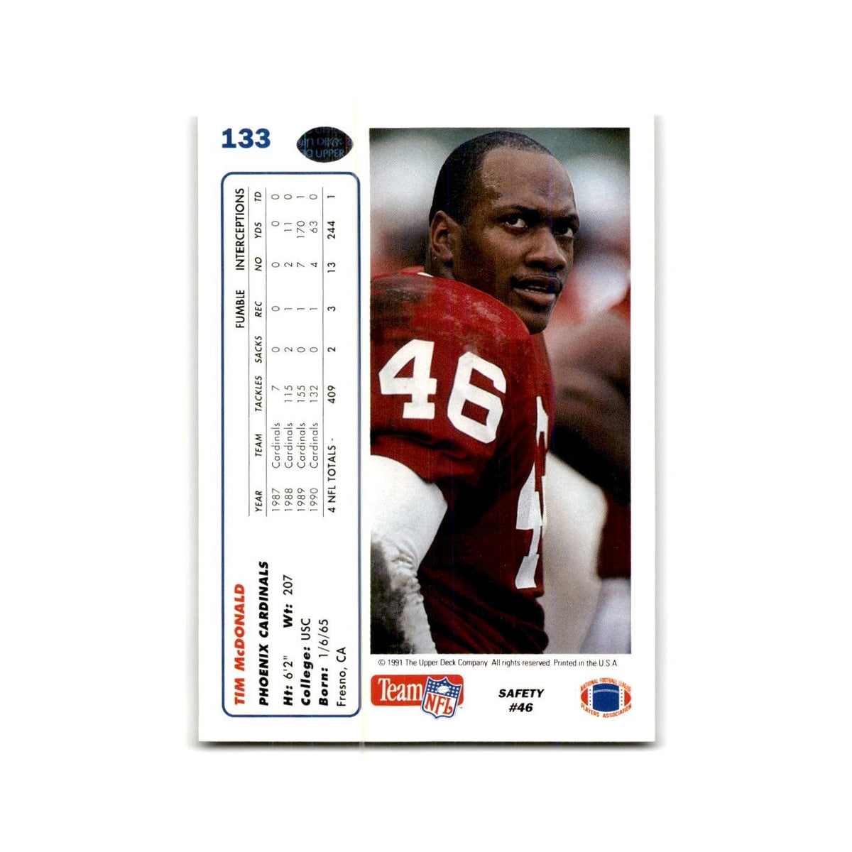 Tim McDonald 1991 Upper Deck #133 Phoenix Cardinals Football Card NM