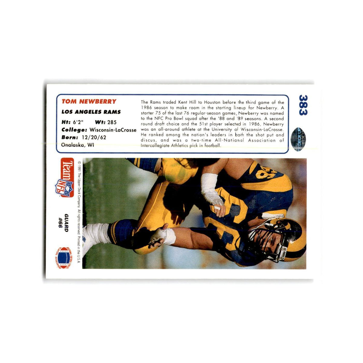 Tom Newberry 1991 Upper Deck #383 Los Angeles Rams Football Card NM