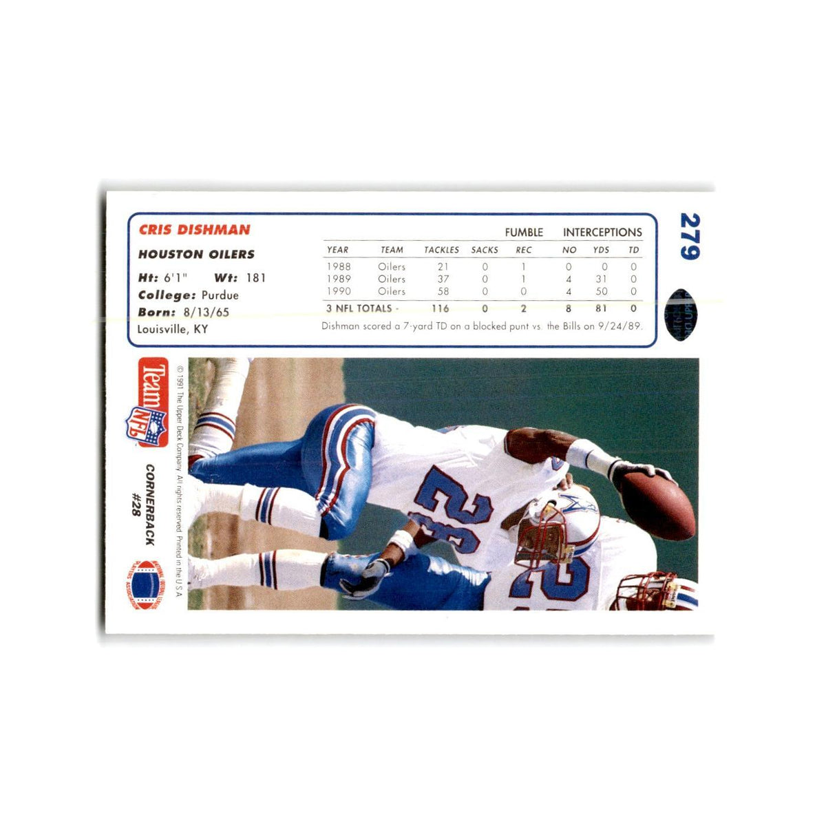 Cris Dishman 1991 Upper Deck #279 Houston Oilers Football Card NM