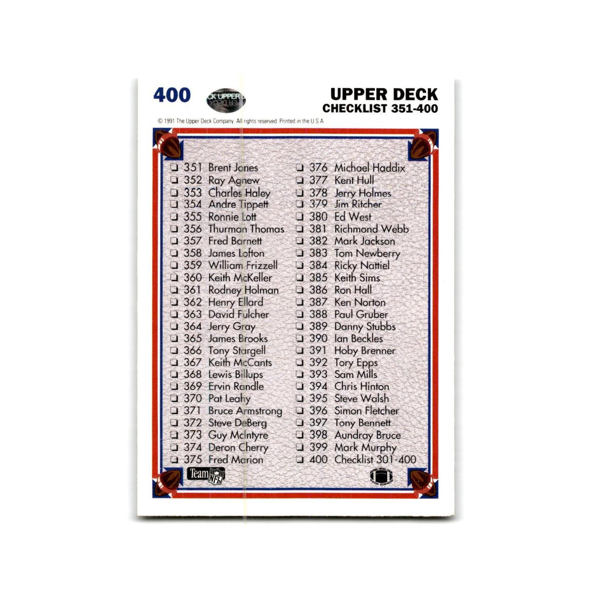 Checklist 1991 Upper Deck #400 Football Card NM