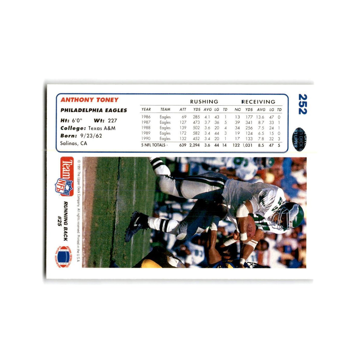 Anthony Toney 1991 Upper Deck #252 Philadelphia Eagles Football Card NM