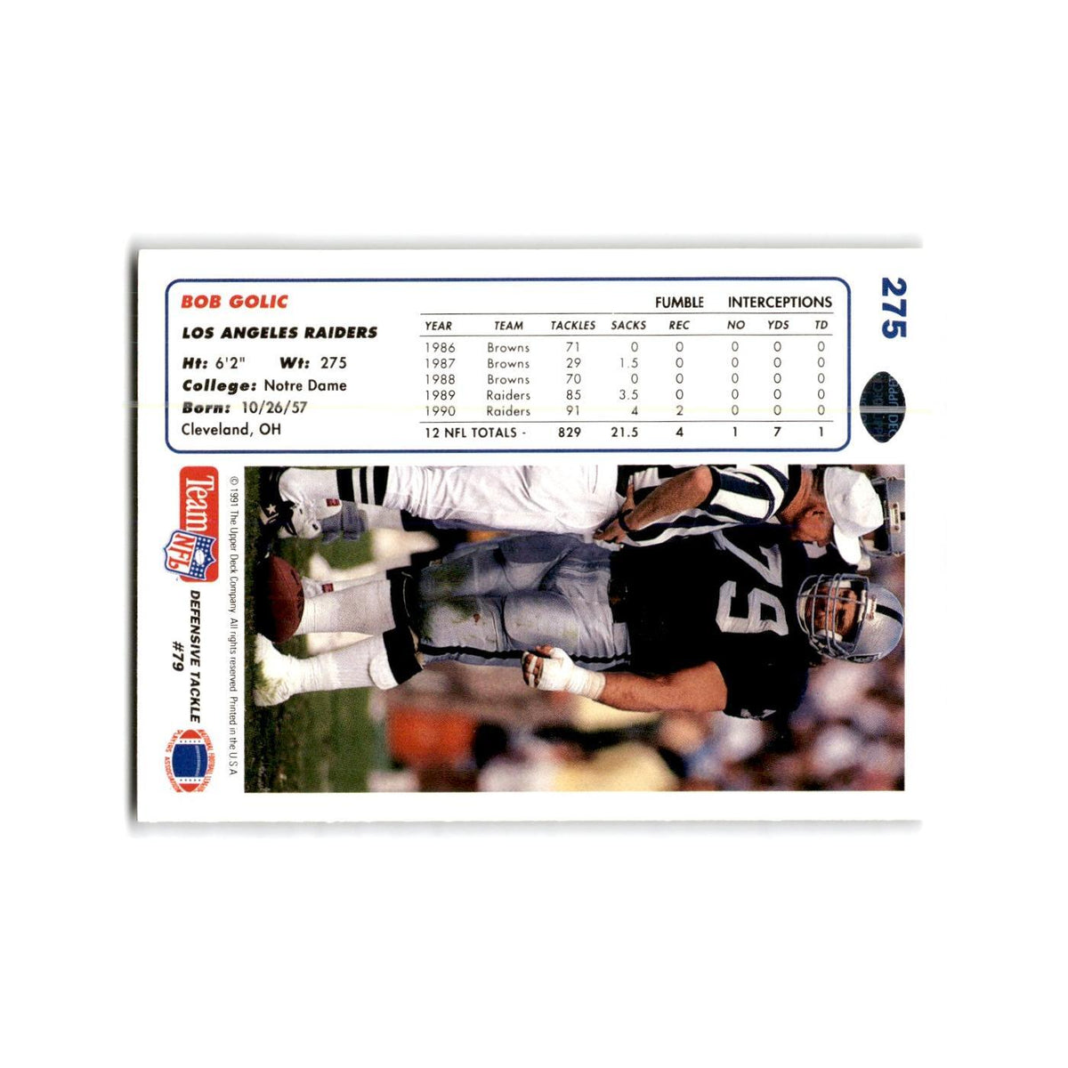 Bob Golic 1991 Upper Deck #275 Los Angeles Raiders Football Card NM