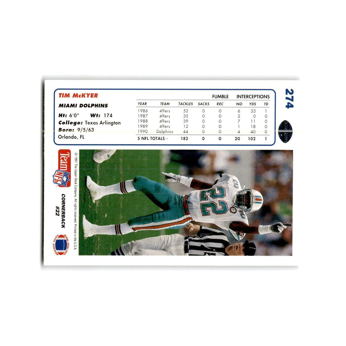 Tim McKyer 1991 Upper Deck #274 Miami Dolphins Football Card NM