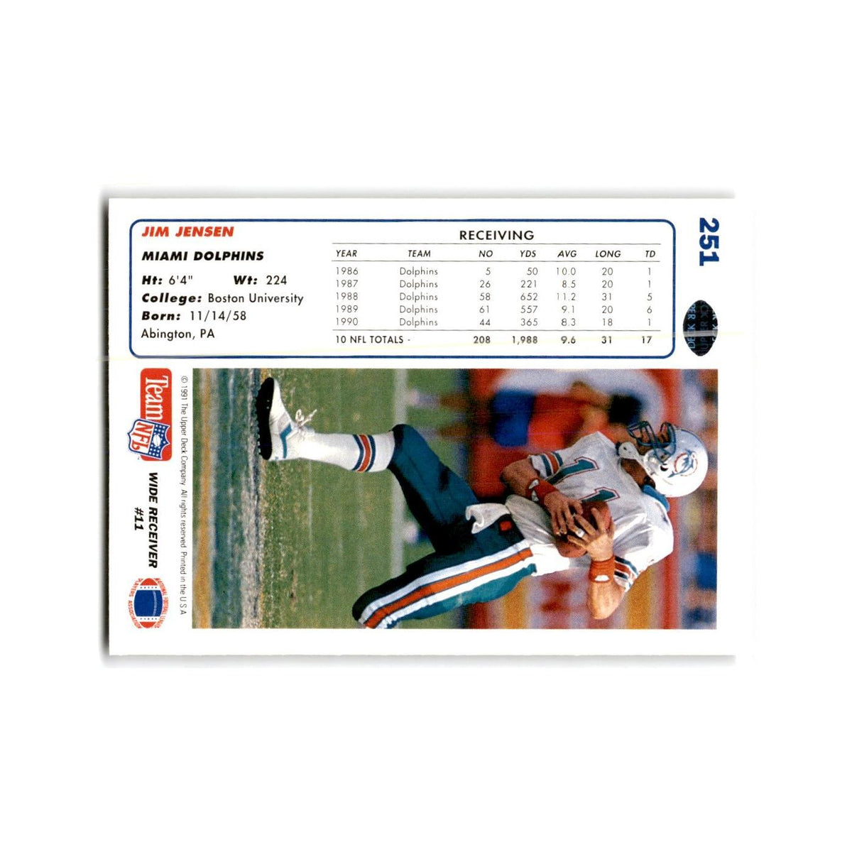 Jim Jensen 1991 Upper Deck #251 Miami Dolphins Football Card NM